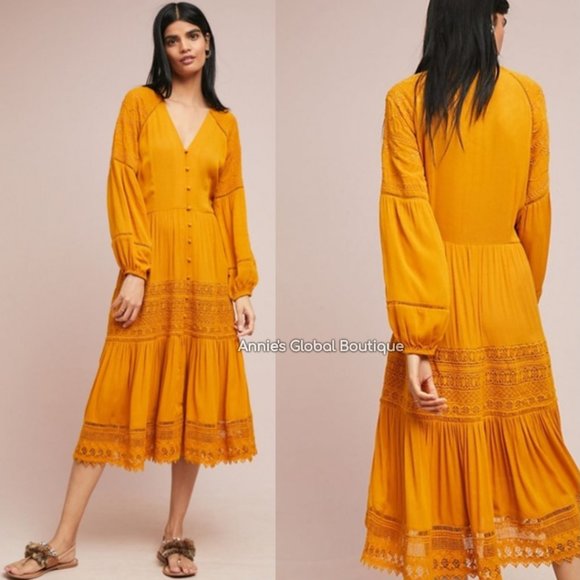 RARE NWT ANTHROPOLOGIE Golden Peasant Embroidered Maxi Dress. Size 4 - Picture 16 of 16